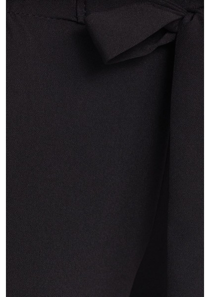 Kadın Relax Fit Rahat Kesim Lastikli Kuşak Bağlamalı Geniş Paça Siyah Pantolon