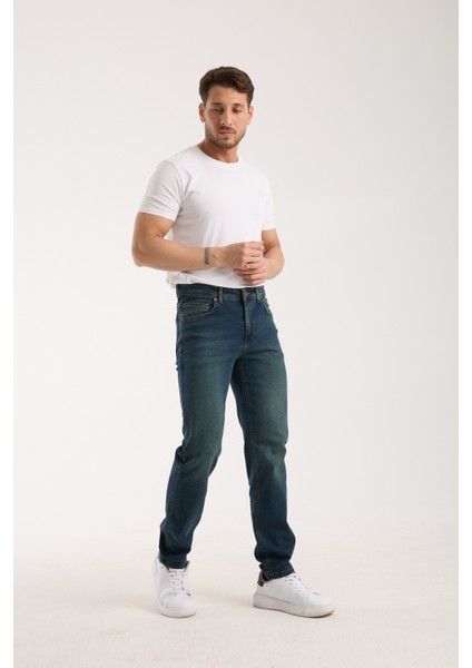 Erkek Pantolon Regular Fit Yeşil Tint Fermuarlı Rahat Giyim Jeans