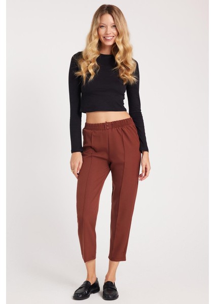 Kadın Relax Fit Rahat Kesim Yüksel Bel Düz Paça Beli Lastikli Kahverengi Pantolon fiyatları
