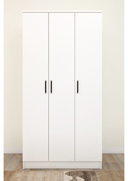 Ases ASL644 Geniş Gardırop 3 Kapaklı Elbise Dolabı Siyah Kulplu Beyaz ve Safir Meşe modelleri