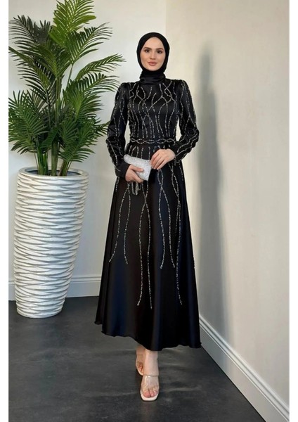 Amaris Taşlı Prenses Kesim Saten Kumaş Tesettür Abiye- Siyah fiyatları