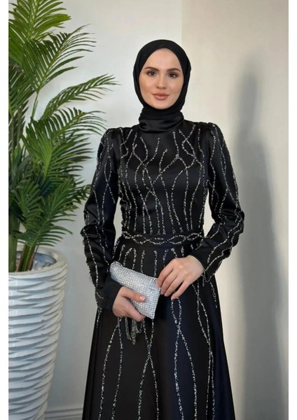 Amaris Taşlı Prenses Kesim Saten Kumaş Tesettür Abiye- Siyah modelleri