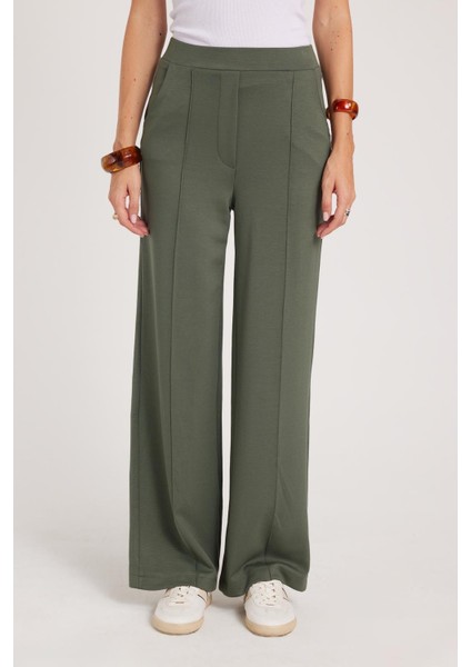 Kadın Relax Fit Rahat Kesim Modal Kumaş Yüksel Bel Geniş Paça Haki Pantolon