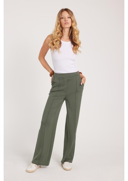 Kadın Relax Fit Rahat Kesim Modal Kumaş Yüksel Bel Geniş Paça Haki Pantolon fırsatları