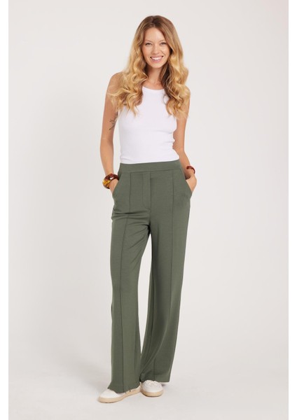 Kadın Relax Fit Rahat Kesim Modal Kumaş Yüksel Bel Geniş Paça Haki Pantolon indirimleri