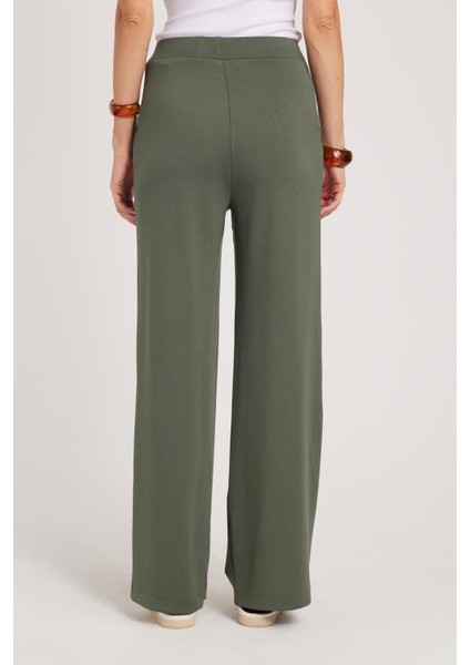 Kadın Relax Fit Rahat Kesim Modal Kumaş Yüksel Bel Geniş Paça Haki Pantolon