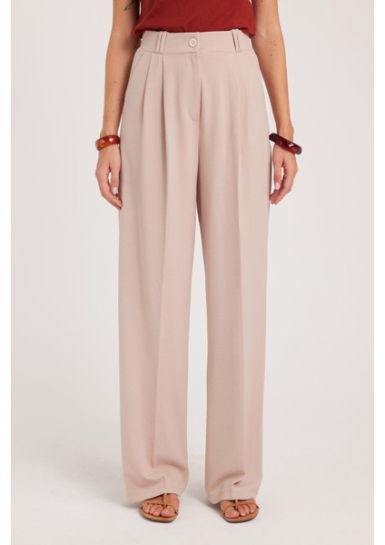 Kadın Regular Fit Klasik Kesim Yüksel Bel Geniş Paça taş Pantolon