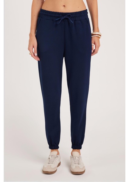 Kadın Relax Fit Rahat Kesim Modal Kumaş Beli Bağlamalı Lastikli Jogger Lacivert Pantolon