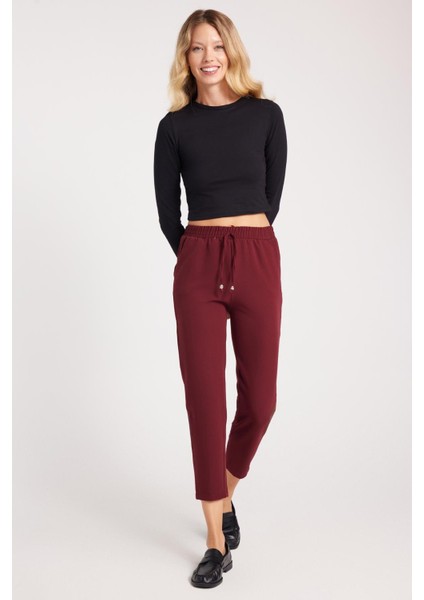 Kadın Relax Fit Rahat Kesim Yüksel Bel Dar Paça Beli Lastikli Bağcıklı bordo Pantolon fiyatları