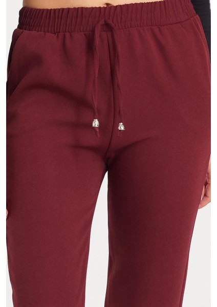 Kadın Relax Fit Rahat Kesim Yüksel Bel Dar Paça Beli Lastikli Bağcıklı bordo Pantolon modelleri