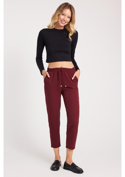 Kadın Relax Fit Rahat Kesim Yüksel Bel Dar Paça Beli Lastikli Bağcıklı bordo Pantolon fırsatları