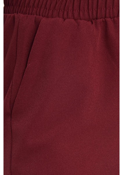 Kadın Relax Fit Rahat Kesim Yüksel Bel Dar Paça Beli Lastikli Bağcıklı bordo Pantolon