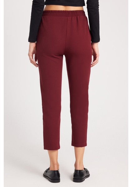 Kadın Relax Fit Rahat Kesim Yüksel Bel Dar Paça Beli Lastikli Bağcıklı bordo Pantolon