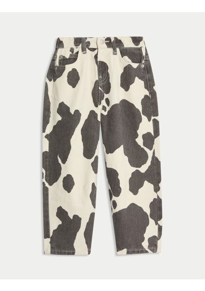 Pamuk Karışımlı Desenli Barrel Paça Kot Pantolon (2–10 Yaş)