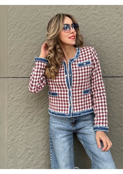 Tasarım Kot Detaylı Kareli Ceket