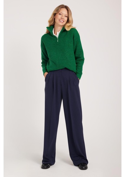 Kadın Regular Fit Klasik Kesim Yüksel Bel Geniş Paça Lacivert Pantolon fırsatları