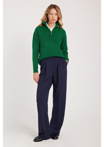 Kadın Regular Fit Klasik Kesim Yüksel Bel Geniş Paça Lacivert Pantolon indirimleri