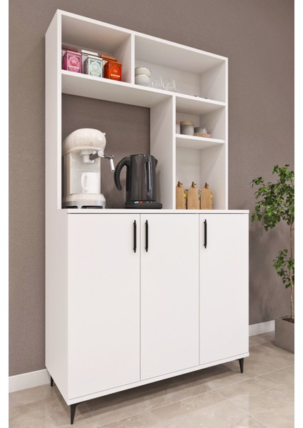 Ases ELZ214 Çok Amaçlı Dolap 3 Kapaklı Açık Raflı Kiler Mutfak Dolabı Beyaz