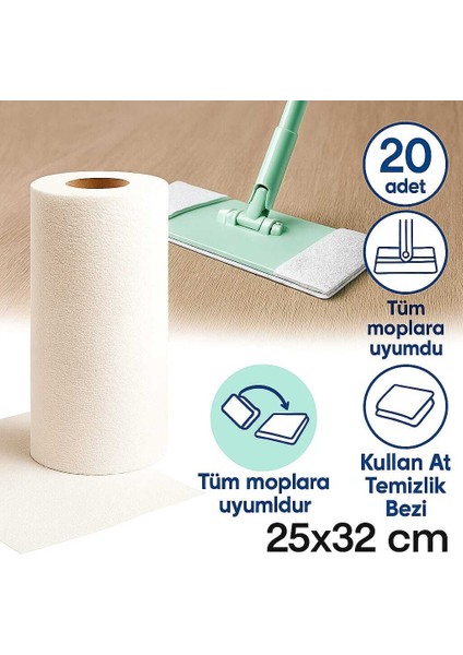 Kullan-At Temizlik Bezi – 25X32 cm | 20 Adet | Mop Uyumlu | Tekrar Kullanılabilir