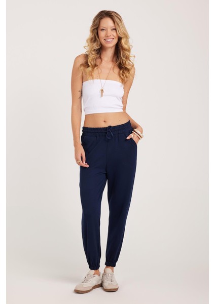 Kadın Relax Fit Rahat Kesim Modal Kumaş Beli Bağlamalı Lastikli Jogger Lacivert Pantolon fiyatları