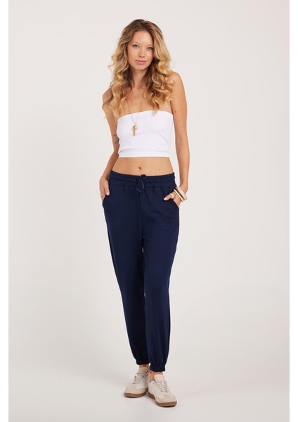 Kadın Relax Fit Rahat Kesim Modal Kumaş Beli Bağlamalı Lastikli Jogger Lacivert Pantolon indirimleri