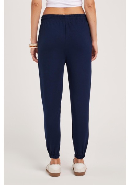 Kadın Relax Fit Rahat Kesim Modal Kumaş Beli Bağlamalı Lastikli Jogger Lacivert Pantolon