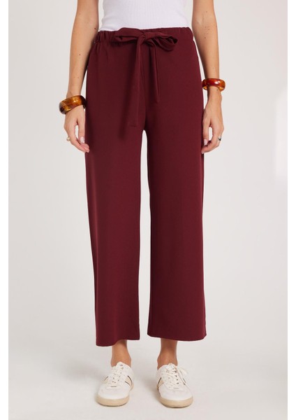 Kadın Relax Fit Rahat Kesim Lastikli Kuşak Bağlamalı Geniş Paça Bordo Pantolon