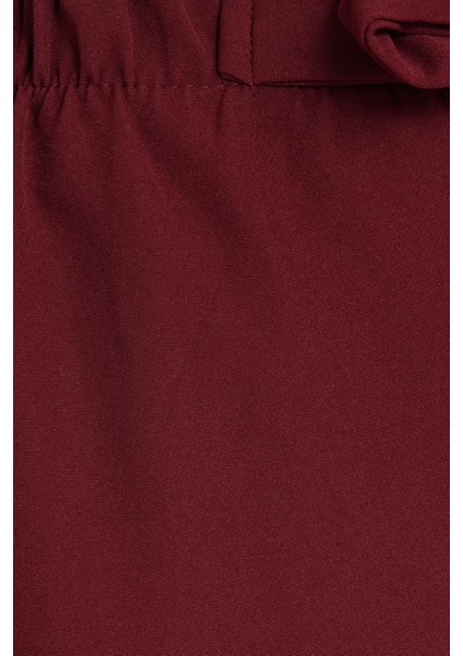 Kadın Relax Fit Rahat Kesim Lastikli Kuşak Bağlamalı Geniş Paça Bordo Pantolon