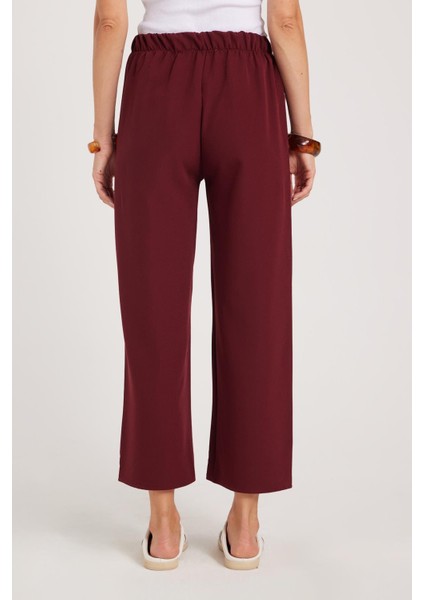 Kadın Relax Fit Rahat Kesim Lastikli Kuşak Bağlamalı Geniş Paça Bordo Pantolon