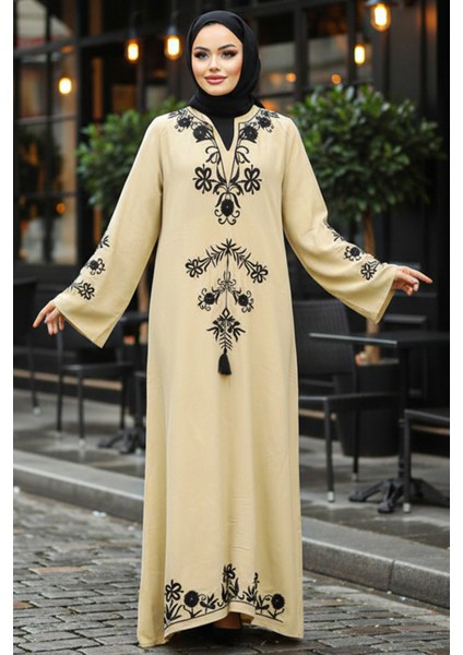 Çiçek Detaylı Bej Tesettür Elbise 11153BEJ indirimleri