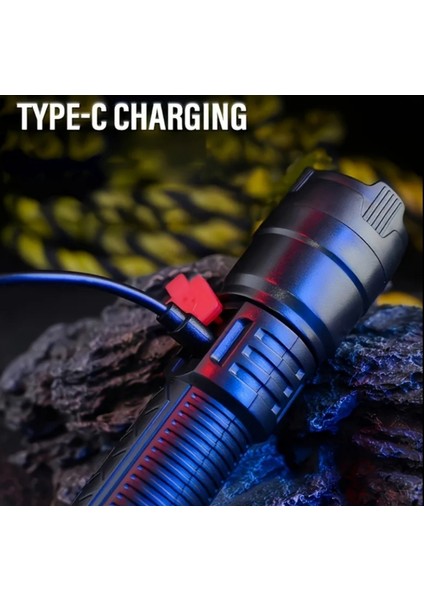 LED El Feneri 3 Aydınlatma Modu Teleskobik Aydınlatma USB Typec Şarj