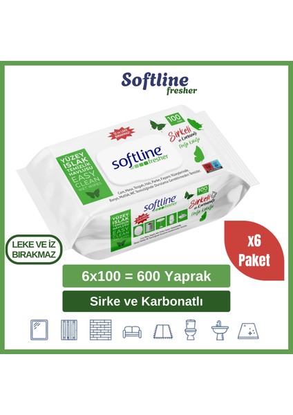 Softline Easy Clean Sirke ve Karbonatlı Islak Mendil Yüzey Temizlik Havlusu & Mendili 6'lı Paket (6X100 Yaprak)