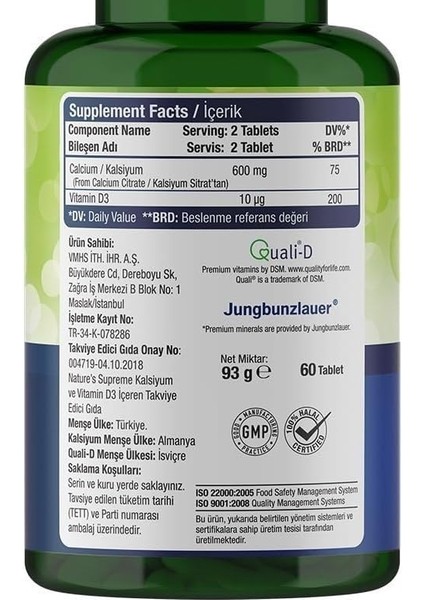 Nature&apos;s Supreme Calcium With Vitamin D3 60 Tablet modelleri
