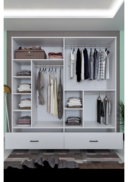 Ases ELA127 Modern 4 Kapaklı 2 Çekmeceli Geniş Gardırop Giysi Dolabı Beyaz