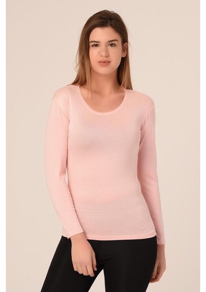 Yuvarlak Yaka Uzun Kollu Pamuklu Somon Body