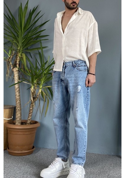 Yırtık Detaylı Açık Mavi Jean - Kot Pantolon