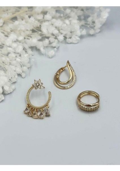 Zirkon Taşlı Kararmaz Üçlü Küpe Set modelleri