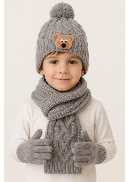 Ayıcık Desenli 3'lüçocuk Bere Takım