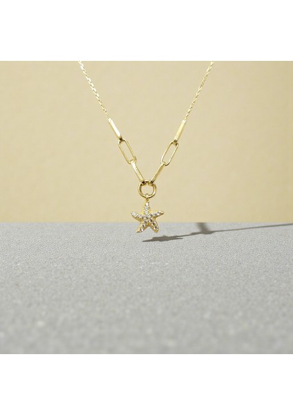 Deniz Yıldızı Sallantılı Zirkon Taşlı 14 Ayar Altın Kolye