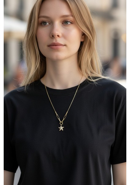 Deniz Yıldızı Sallantılı Zirkon Taşlı 14 Ayar Altın Kolye modelleri