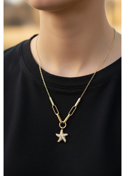 Deniz Yıldızı Sallantılı Zirkon Taşlı 14 Ayar Altın Kolye fırsatları