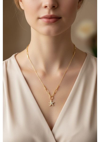 Deniz Yıldızı Sallantılı Zirkon Taşlı 14 Ayar Altın Kolye indirimleri