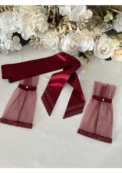 Bordo Vip Gelin Eldiveni ve Kuşak , Kına Eldiveni, Bel Kuşağı (El Gülü Hediyeli)