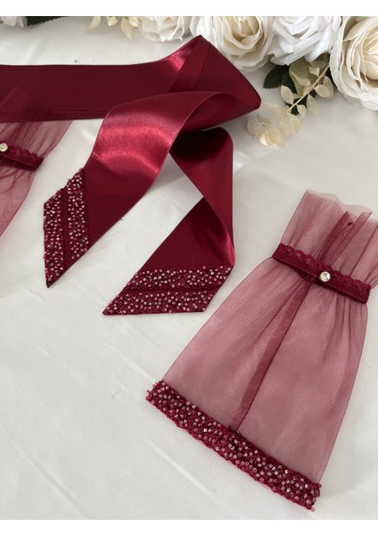 Bordo Vip Gelin Eldiveni ve Kuşak , Kına Eldiveni, Bel Kuşağı (El Gülü Hediyeli) fiyatları