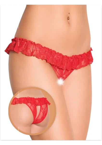 Fantezi Üstü Fırfırlı Ağı Açık Kırmızı Dantel Tanga - String