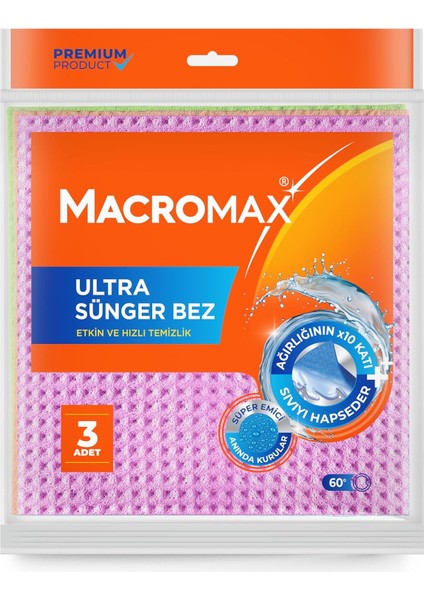 Ultra Sünger Bez 3&apos;lü Paket, Ağırlığının 10 Katı Su Emen Yüksek Mutfak Bezi