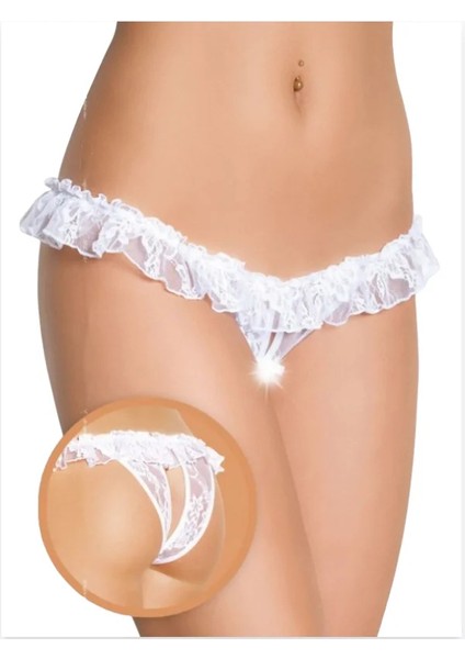 Fantezi Üstü Fırfırlı Ağı Açık Beyaz Dantel Tanga - String