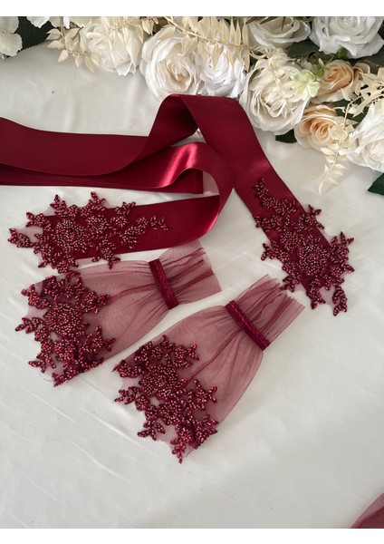 Bordo Vip Delux Gelin Eldiveni ve Kuşak , Kına Eldiveni, Bel Kuşağı (El Gülü Hediyeli)
