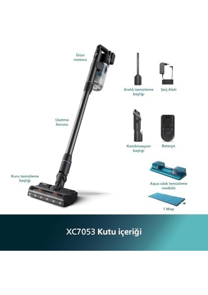 7000 Serisi Kablosuz Elektrikli Süpürge – Powercyclone 12, 80 Dakika Kullanım Süresi, Islak Temizlik Için Modül, -Alerji Filtre, El Süpürgesi Modu, 5 Yıl (XC7053/01) modelleri