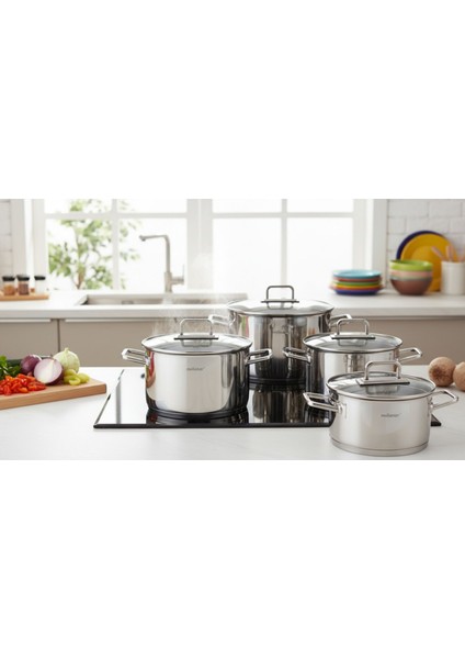 Diamond 8 Parça Süzgeç Kapaklı Çelik Tencere Seti – 18/10 Paslanmaz Çelik